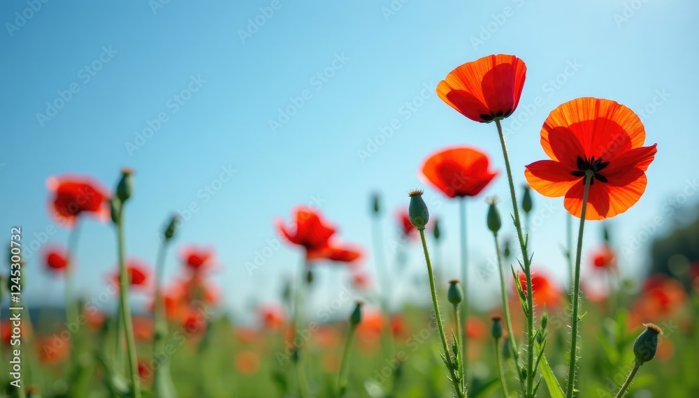 Fototapeta premium Blooming red corn poppies against the clear blue, green, red, spring