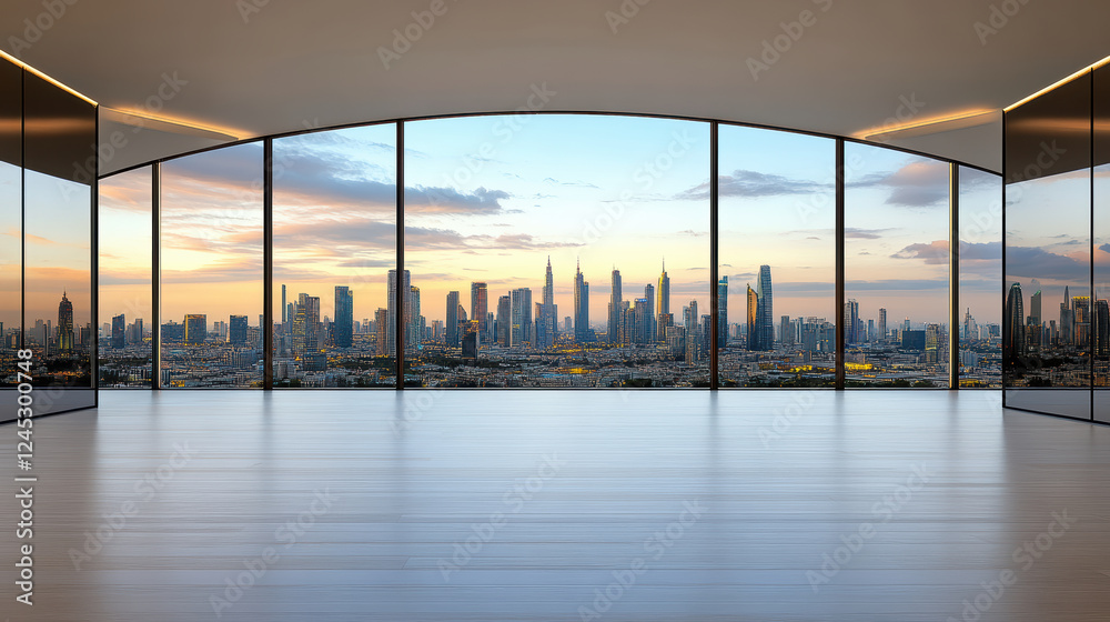 Fototapeta premium modern empty room with large windows showcasing city skyline at sunset