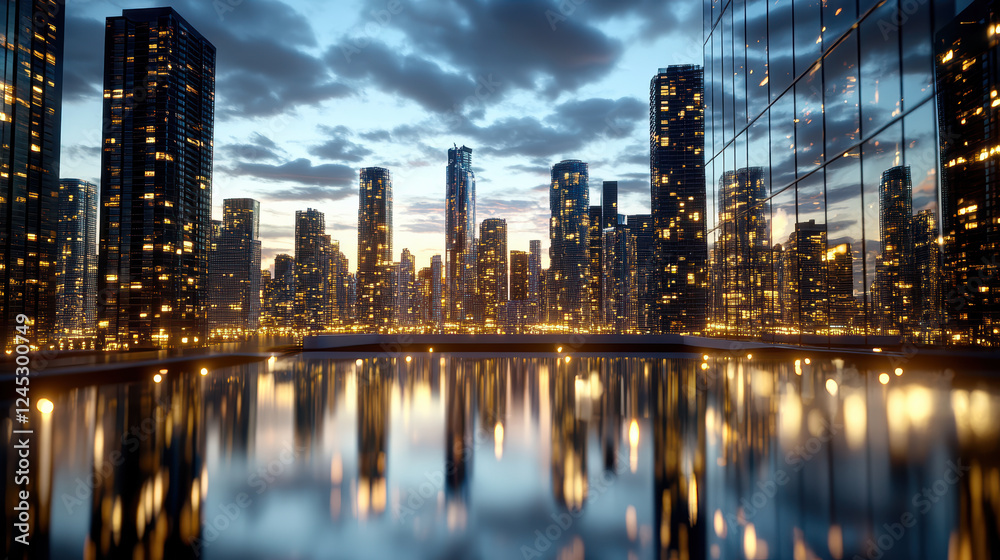 Fototapeta premium Futuristic city skyline at dusk with glowing lights reflecting on water