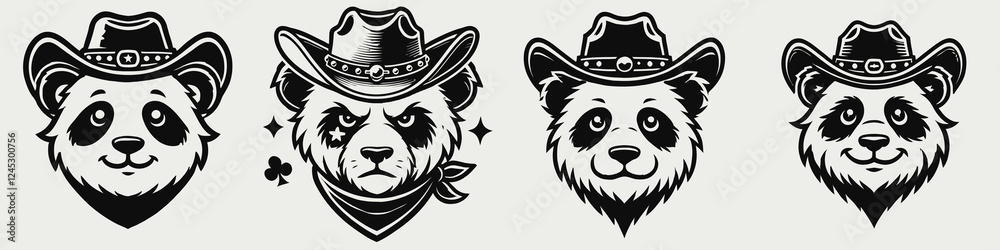 Four unique panda illustrations wearing cowboy hats, showcasing different expressions and styles, combining playful and adventurous themes. Four unique panda illustrations wearing cowboy hats, showcasing different expressions and styles, combining playful and adventurous themes.