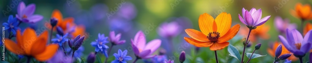 Blue and orange peacock flowers blooming in a purple garden on white petals, blue, orange