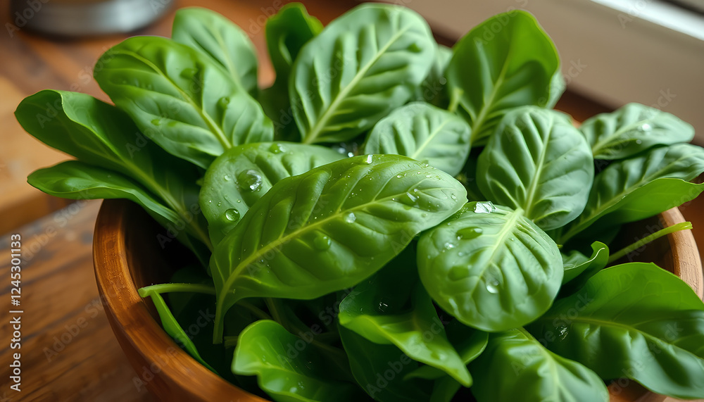 Fototapeta premium Lush Green Spinach Leaves in a Bowl. Fresh spinach leaves neatly arranged in a wooden bowl, with droplets of water still clinging to them, set on a kitchen table with a rustic vibe 2
