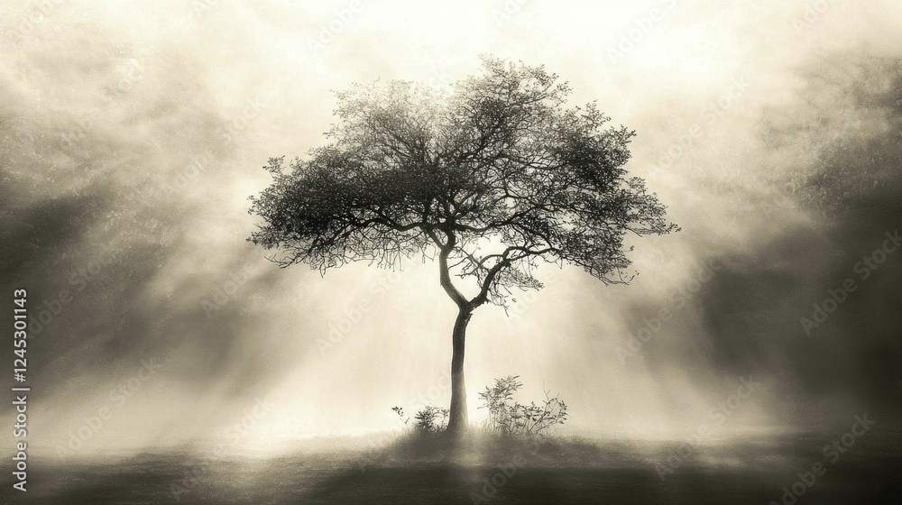 Obraz premium Solitary Tree in Misty Dawn: A Serene Landscape