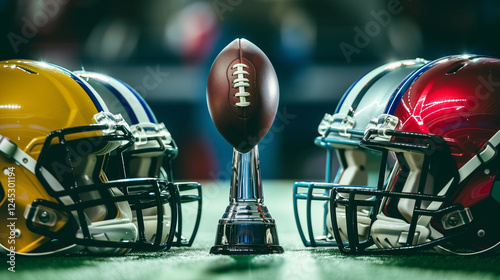 Football and helmets on field representing team rivalry. photo