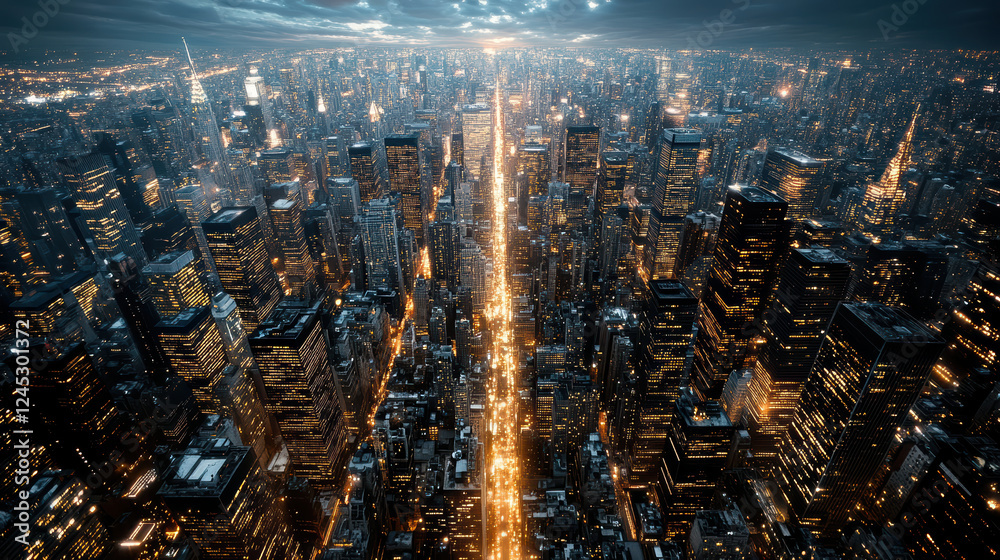 Obraz premium Aerial view of vibrant metropolis illuminated at night, showcasing city lights