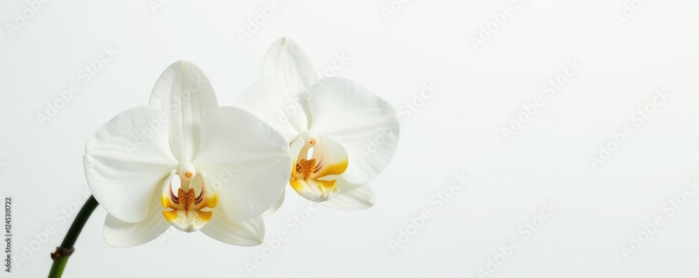 Obraz premium Delicate white orchid blooms on a crisp white background, blossoms, background, pure