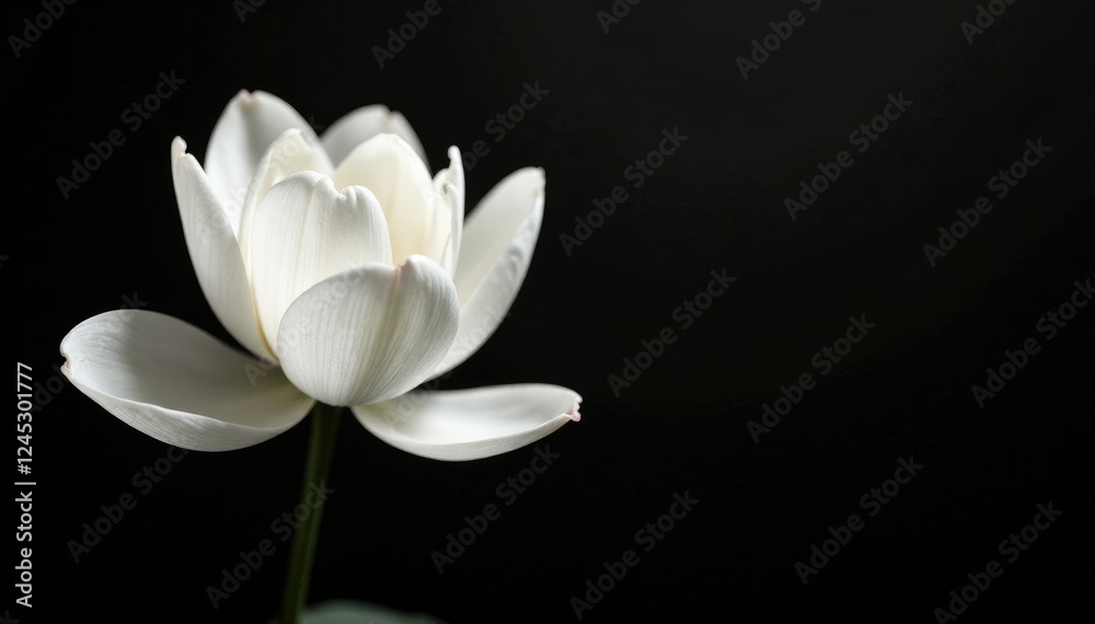Fototapeta premium Delicate white petals unfolding on dark canvas, bloom, black, white