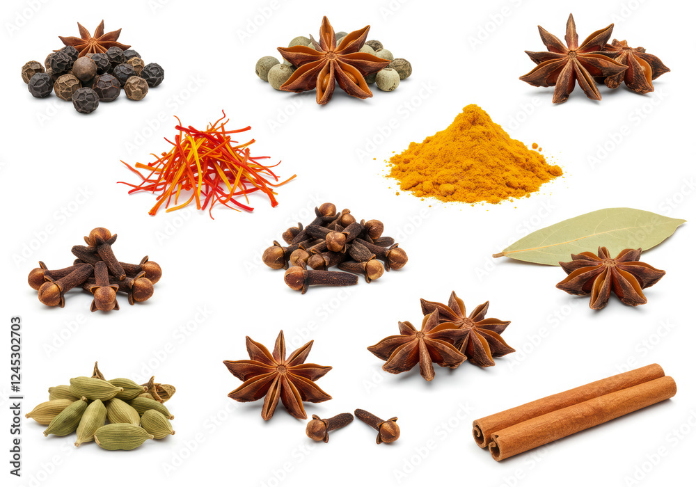 Collection of Indian Spices Including Turmeric, Cumin, Cardamom, and More Arranged on a White Background for a Flavorful Composition Collection of Indian Spices Including Turmeric, Cumin, Cardamom, and More Arranged on a White Background for a Flavorful Composition