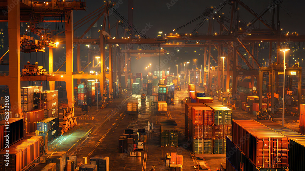 Fototapeta premium bustling port at night with towering cranes and colorful shipping containers creates vibrant industrial scene