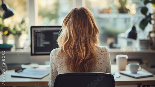 Professional Woman Sitting at Desk with Her Back to Camera in Modern Office Environment