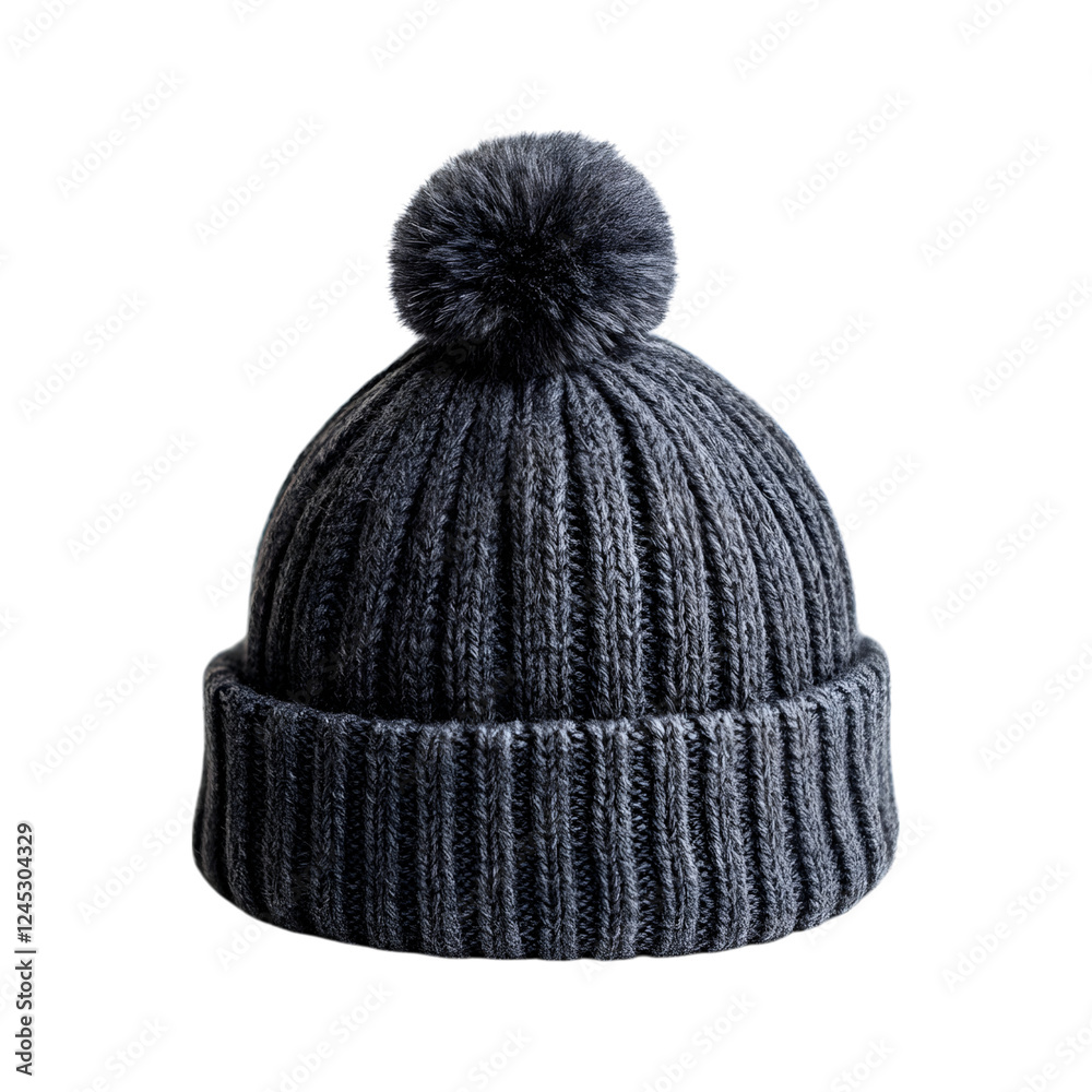Dark Grey Woolen Hat with Pom-Pom Isolated on Transparent Background Dark Grey Woolen Hat with Pom-Pom Isolated on Transparent Background