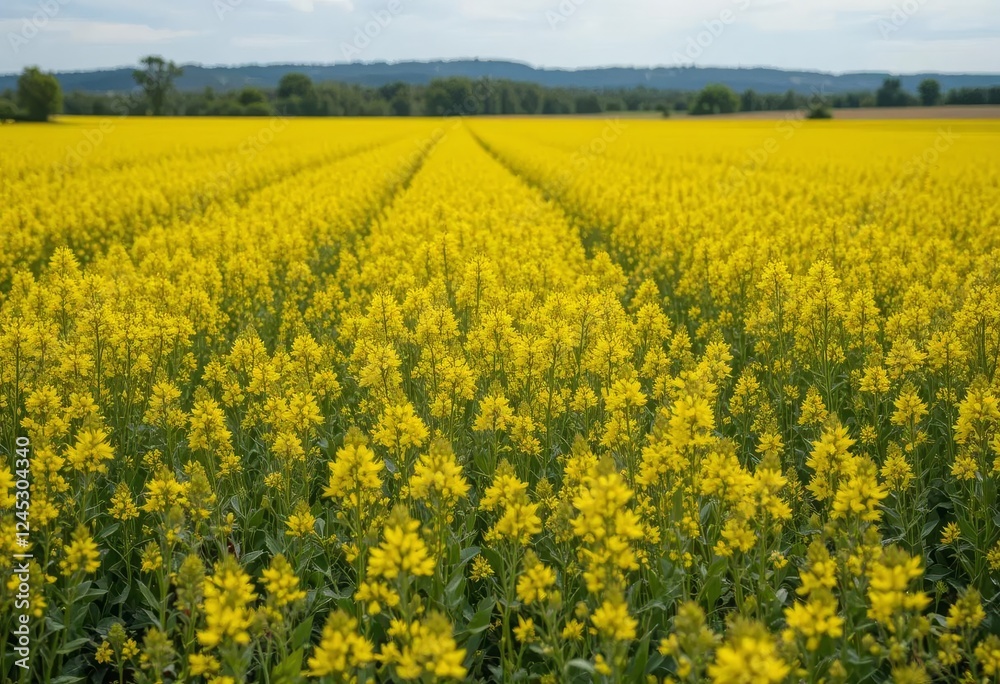 A vast field of bright yellow rapeseed flowers with mountains in the background A vast field of bright yellow rapeseed flowers with mountains in the background