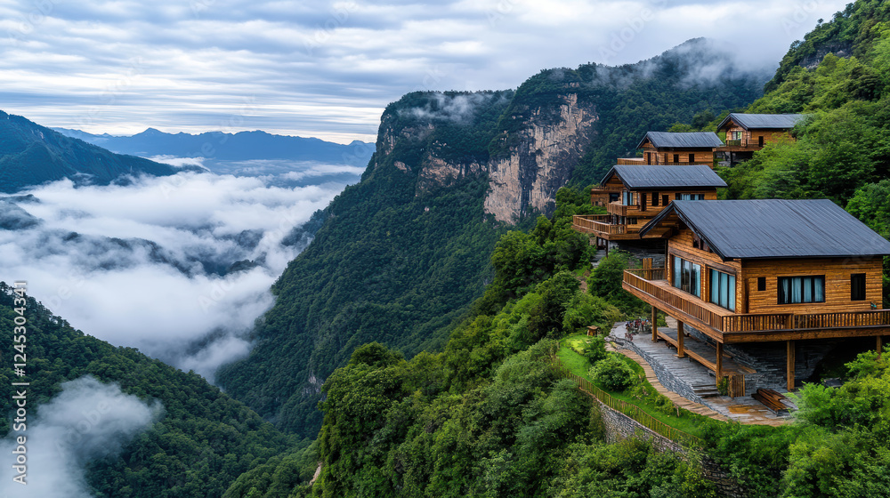 remote mountain village with wooden houses surrounded by misty mountains and lush greenery remote mountain village with wooden houses surrounded by misty mountains and lush greenery