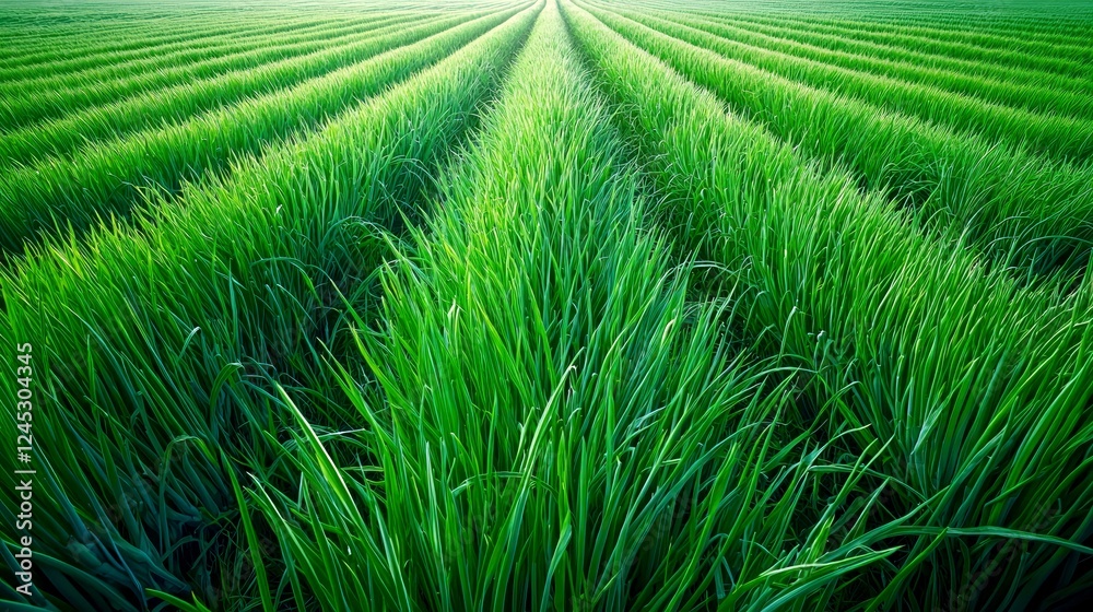 Vibrant Green Field: Serene Rows of Lush Grass, Nature's Tranquil Landscape