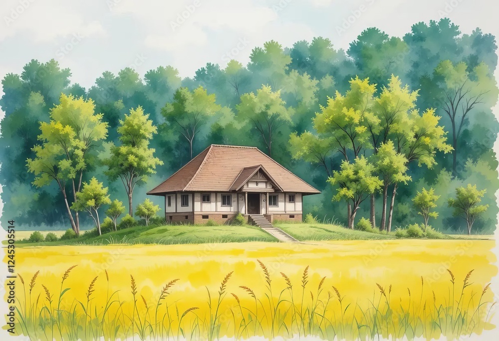Fototapeta premium A watercolor painting of an Indian village with lush green trees and a yellow field in the foreground
