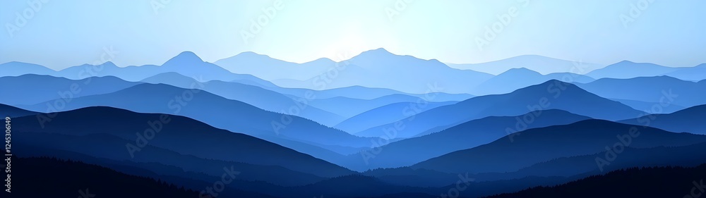 A stunning panoramic view of layered blue mountains creating a tranquil atmosphere, highlighted by soft sunlight filtering through the peaks and valleys. A stunning panoramic view of layered blue mountains creating a tranquil atmosphere, highlighted by soft sunlight filtering through the peaks and valleys.