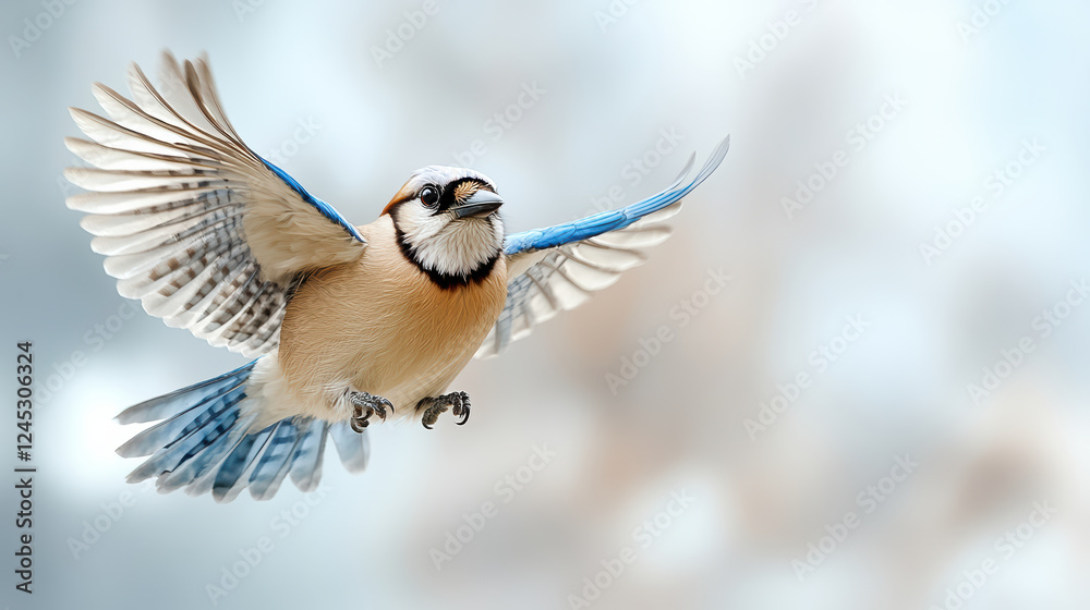 Obraz premium stunning blue jay taking flight with wings spread wide, showcasing its vibrant colors