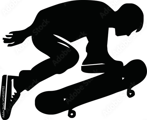 Stylish young skater jumping, skating Skateboard. Teenagers street culture entertainment. Skateboarding guy Hand-drawn outline contour silhouette. Can be used as tatoo, t-shirt. Vector illustration.