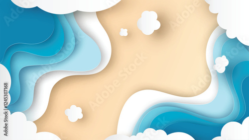 Sea beach aerial view. Top view of Beach. paper cut and craft style. vector, illustration.