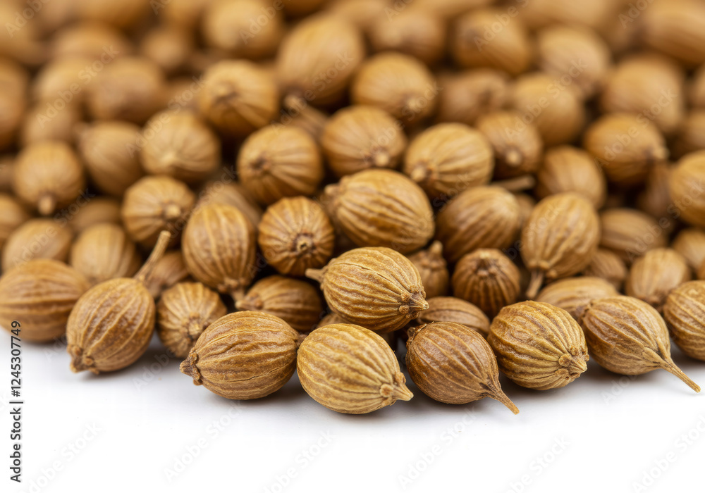 Close-Up View of Aromatic Coriander Seeds Isolated on White Showcasing Their Distinct Shape and Surface Details Close-Up View of Aromatic Coriander Seeds Isolated on White Showcasing Their Distinct Shape and Surface Details