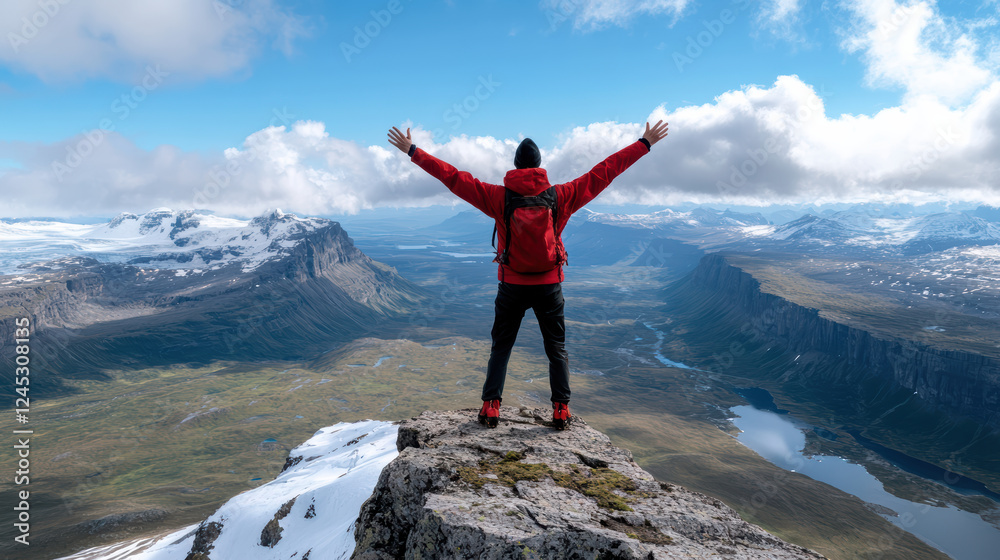 Obraz premium traveler stands on mountaintop, arms raised in triumph, enjoying nature beauty