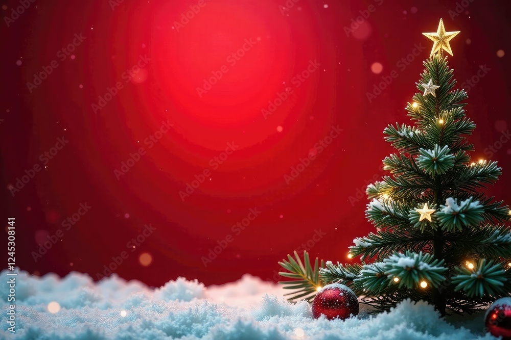 Obraz premium Snowy forest with pine branches and stars on a red background, holiday, background