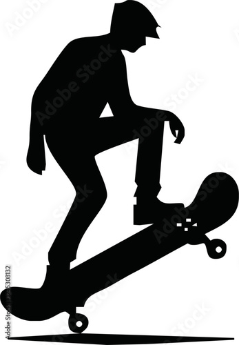 Stylish young skater jumping, skating Skateboard. Teenagers street culture entertainment. Skateboarding guy Hand-drawn outline contour silhouette. Can be used as tatoo, t-shirt. Vector illustration.