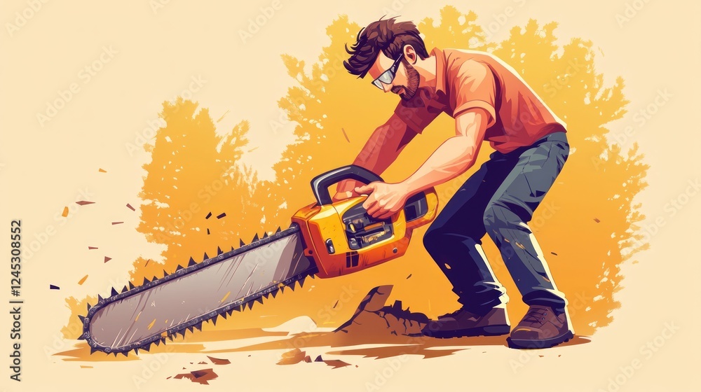 Naklejka premium A person using a chainsaw to cut through a tree stump in a stylized illustration.