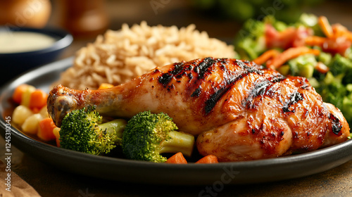 Grilled chicken leg quarter with rice, vegetables.