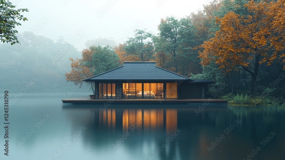 Obraz premium Serene Lake House Surrounded by Autumn Trees in Misty Atmosphere