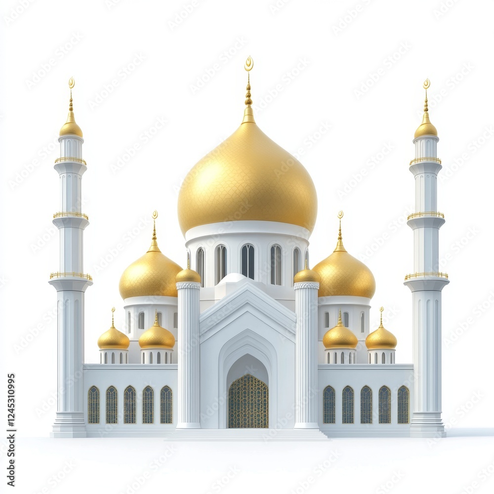 Golden-domed mosque, isolated, white background, 3D render, religious design Golden-domed mosque, isolated, white background, 3D render, religious design