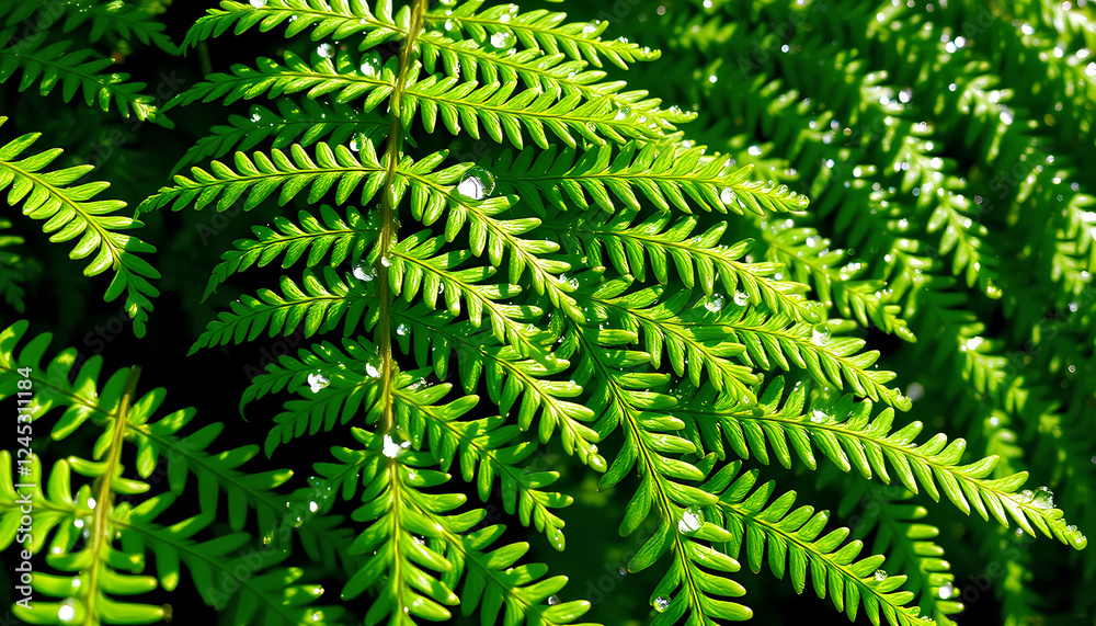 Tropical Fern with Dew Drops. A detailed close-up of a tropical fern with soft green fronds covered in morning dew, glowing under natural sunlight Tropical Fern with Dew Drops. A detailed close-up of a tropical fern with soft green fronds covered in morning dew, glowing under natural sunlight
