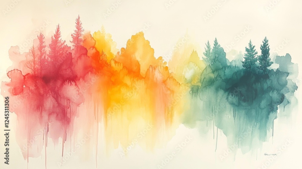 Fototapeta premium Vibrant Watercolor Forest in Bright Hues of Red Yellow and Green. Generative AI