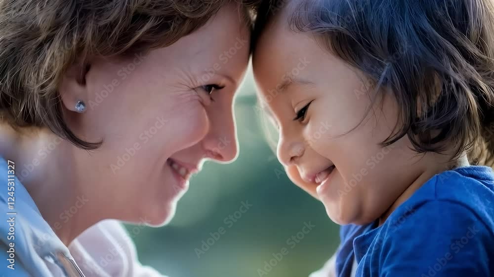 Mother and child forehead to forehead smiling, conveying love, connection and close family bond Mother and child forehead to forehead smiling, conveying love, connection and close family bond