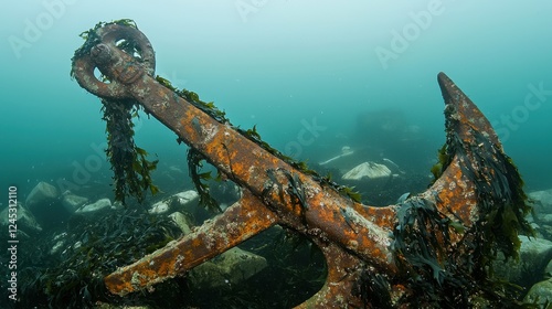 An old, rusted anchor covered in seaweed rests on the ocean floor, surrounded by submerged rocks, illustrating underwater history and marine life. photo