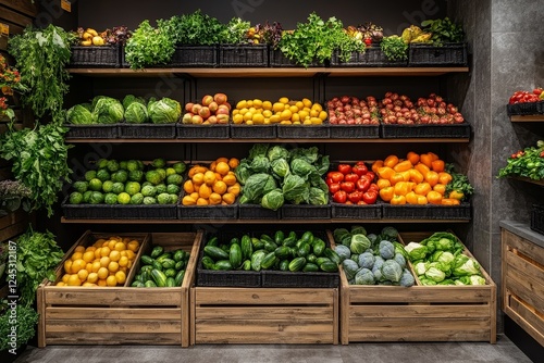 Fototapeta Naklejka Na Ścianę i Meble -  Vibrant fresh produce display with vegetables and fruits in grocery store