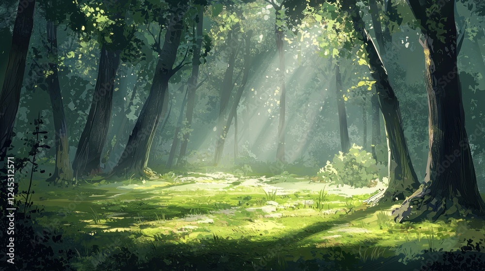 Obraz premium Sunlit Forest Path: A Digital Painting of Serene Nature
