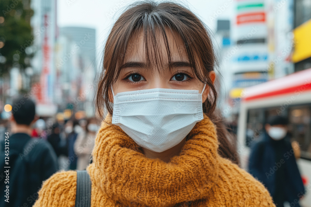 A young woman wearing a face mask stands in a busy urban area, showcasing a blend of fashion and public health awareness. A young woman wearing a face mask stands in a busy urban area, showcasing a blend of fashion and public health awareness.