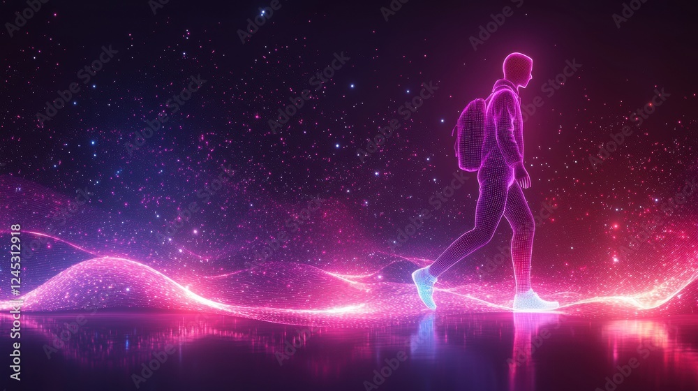 Naklejka premium Surreal Glowing Figure Walking Through Abstract Cosmic Landscape