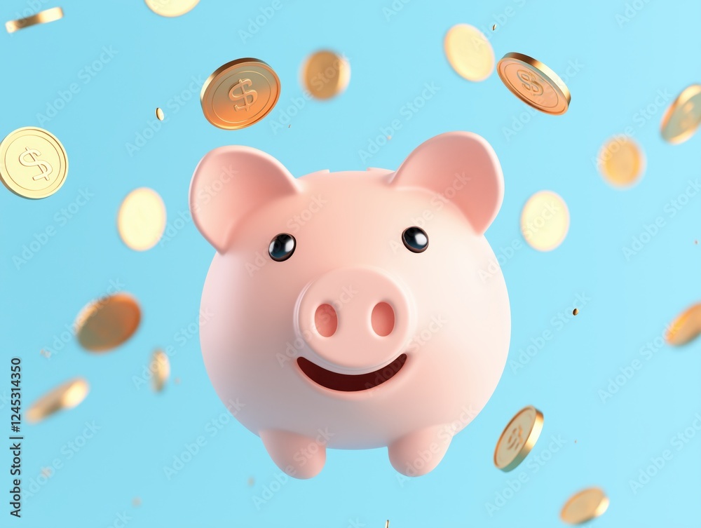 Pink piggy bank with a smiling face surrounded by falling golden coins with dollar sign, saving money concept Pink piggy bank with a smiling face surrounded by falling golden coins with dollar sign, saving money concept