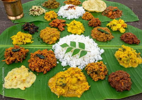 Onam Festival Special Sadya Meal on Banana Leaf, Traditional Kerala Vegetarian Food photo