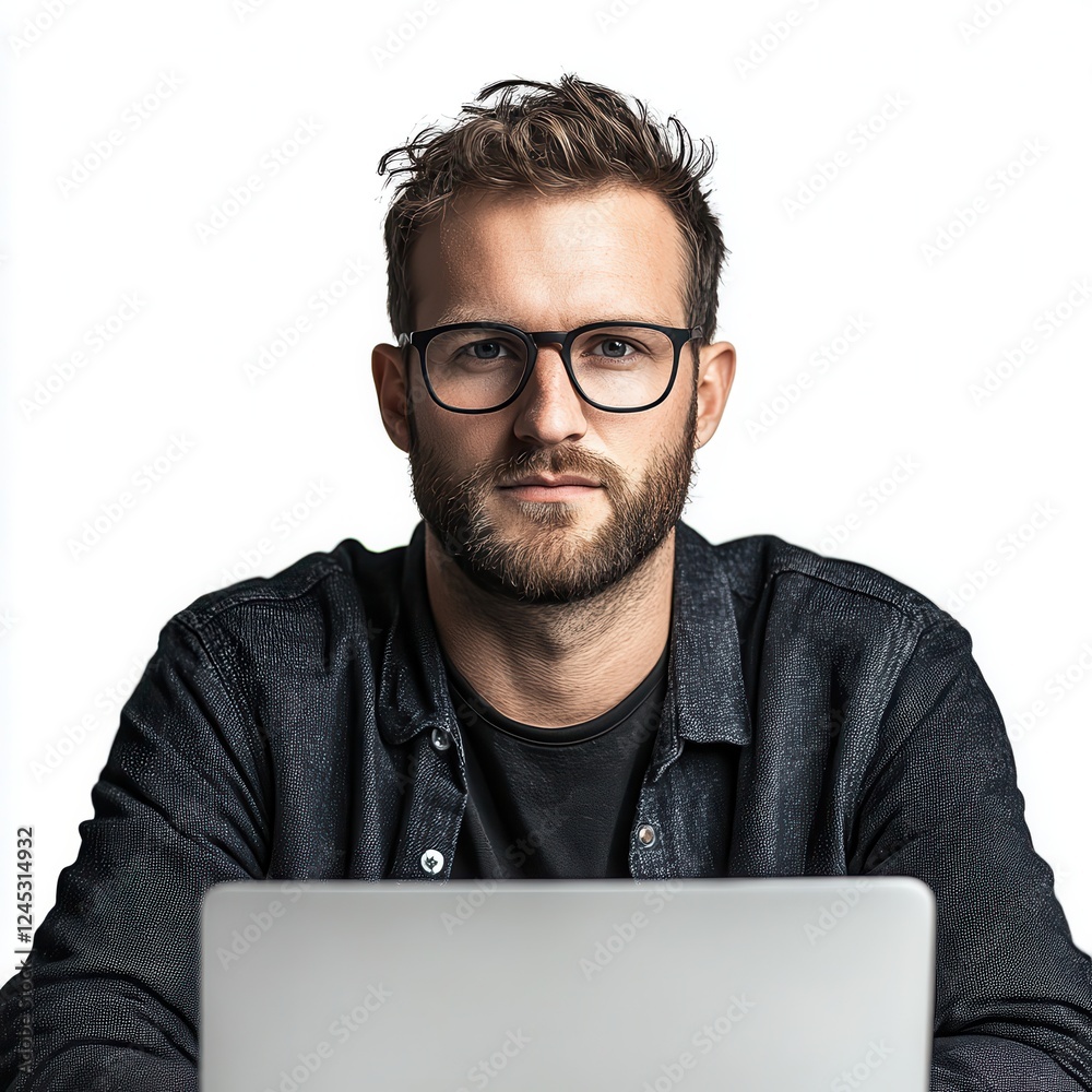 Ultra-detailed hyper-realistic image of a tech-savvy professional, isolated white background, sharp details, professional studio lighting. Ultra-detailed hyper-realistic image of a tech-savvy professional, isolated white background, sharp details, professional studio lighting.