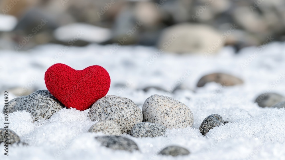 Obraz premium Red heart on snowy rocks, winter romance