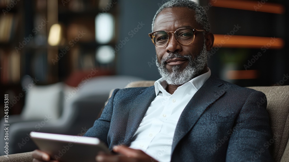Obraz premium Confident Mature Man Using Tablet in Modern Stylish Indoor Setting