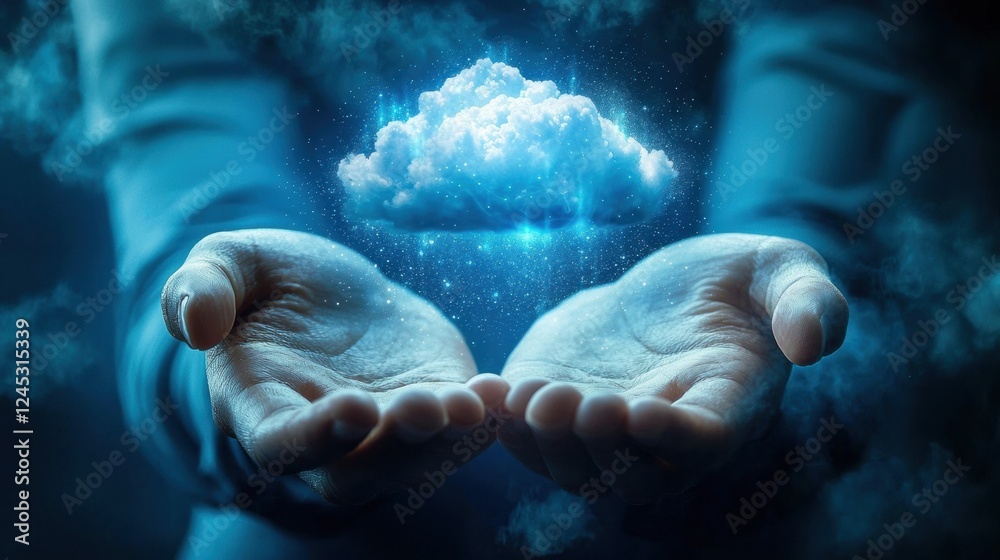 Fototapeta premium Hands Holding a Cloud with Stars and Blue Light in a Dark Space