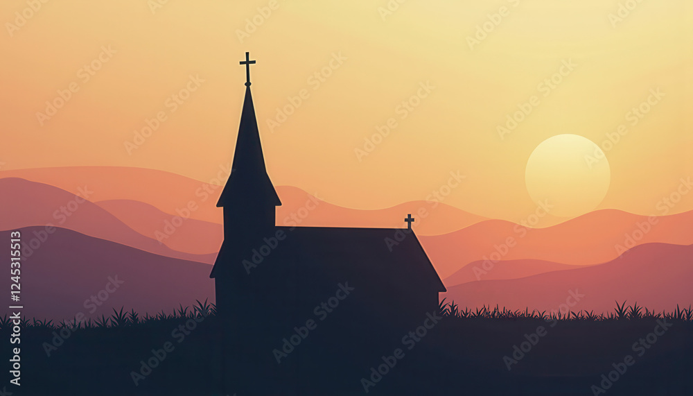 Obraz premium Dramatic Church Silhouette Against Mountain Sunset