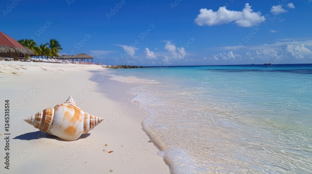 A serene beach scene featuring a conch shell on white sand with clear blue water. A serene beach scene featuring a conch shell on white sand with clear blue water.