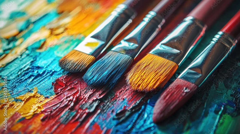 Fototapeta premium Vibrant Palette: Close-up of Paintbrushes on a Colorful Canvas