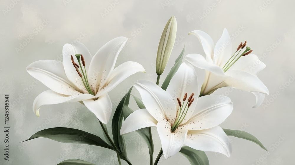 Minimalistic illustration of Easter lilies in soft pastels on a light gray background Minimalistic illustration of Easter lilies in soft pastels on a light gray background