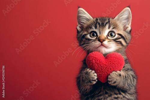 Cute siberian kitty cub with fluffy red heart - sign of love, funny greeting card. Siberian - my beloved cat. Marketing idea. Valentine's day animal gift. Heart-shaped kitten photo. Cute pet.